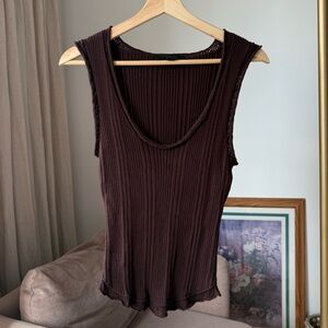 Zara Ribbed Knit Top Chocolate Brown Fitted Minimal Chic, L